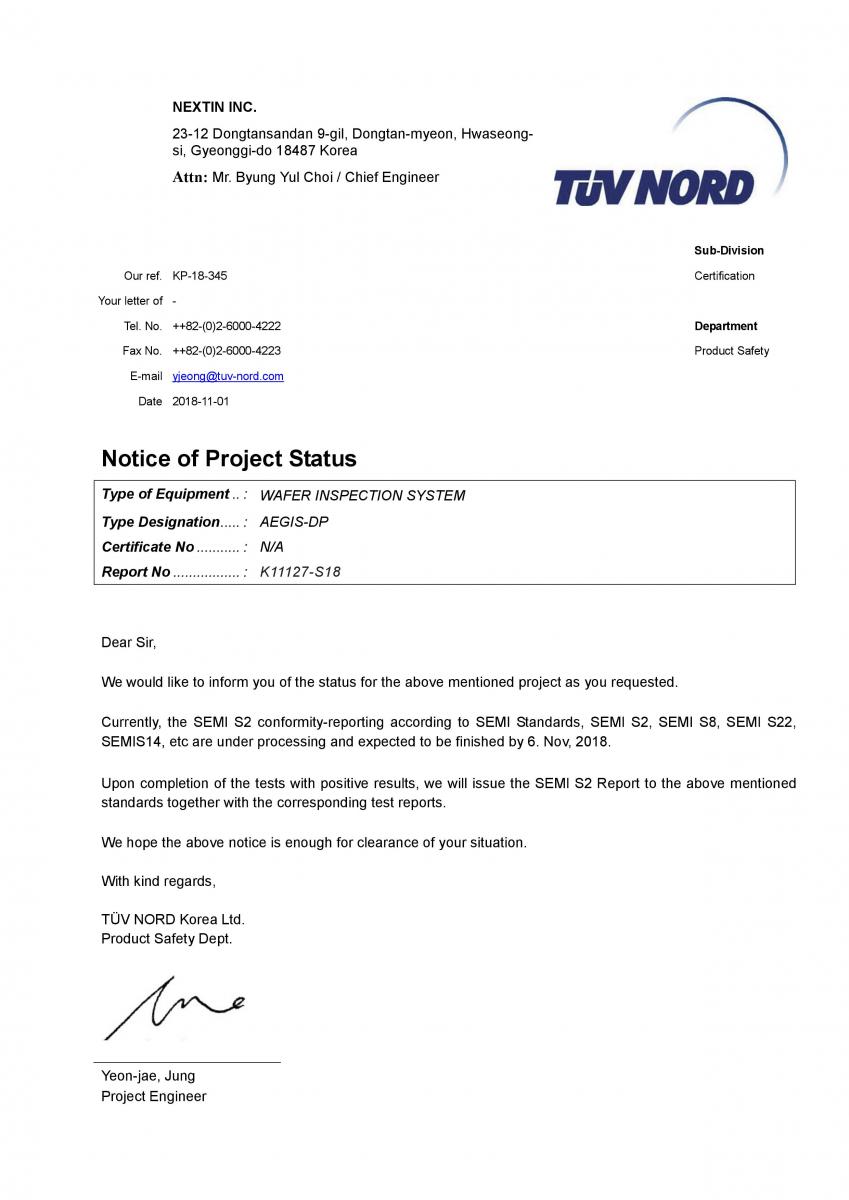 Certificate8. Notice of Project Status